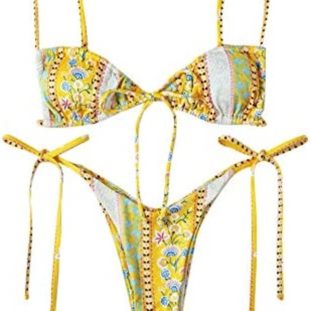 WDIRARA Women's Floral Print Tie Side Swimwear Straps Bikini Sets Swimsuits